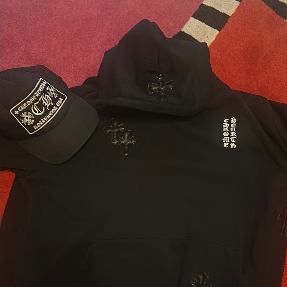 Black Chrome Heart Hoodie and Chrome heart hat Set